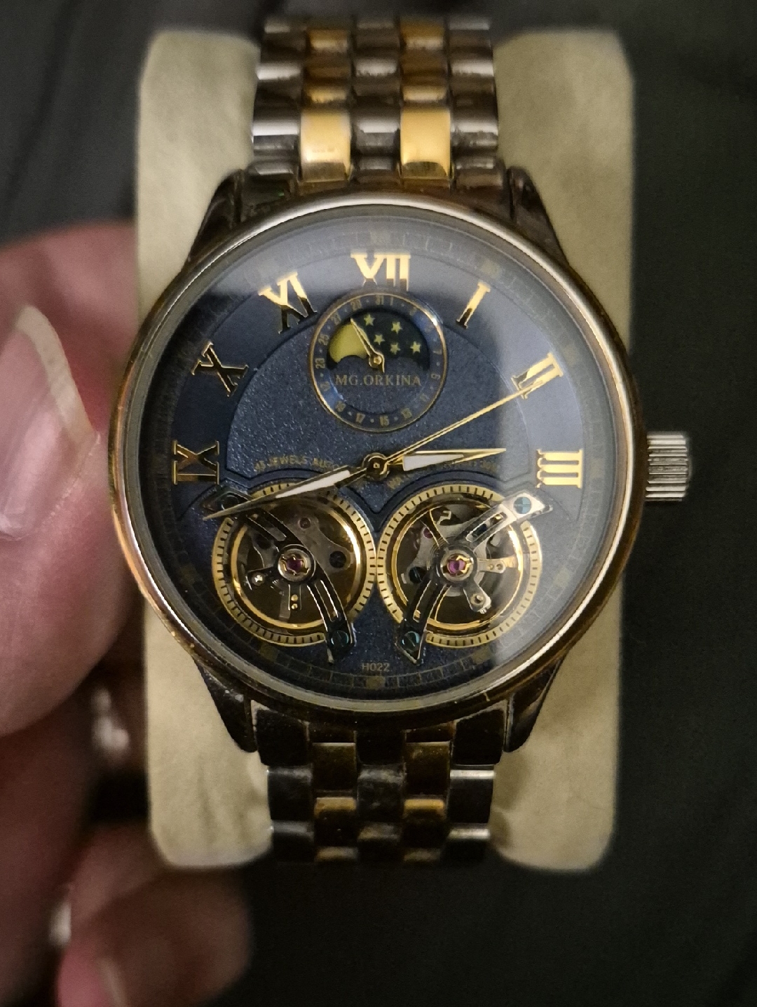 Men’s Gold And Blue Dual- Tourbillon Watch With Box And Manual.
